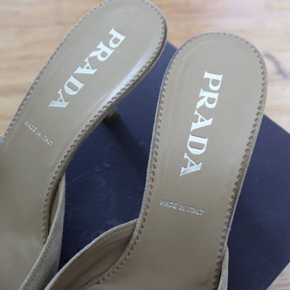 Prada Leather Suede Beige/Tan Silver Buckle Mule Heels Size 40.5 - Picture 4 of 8
